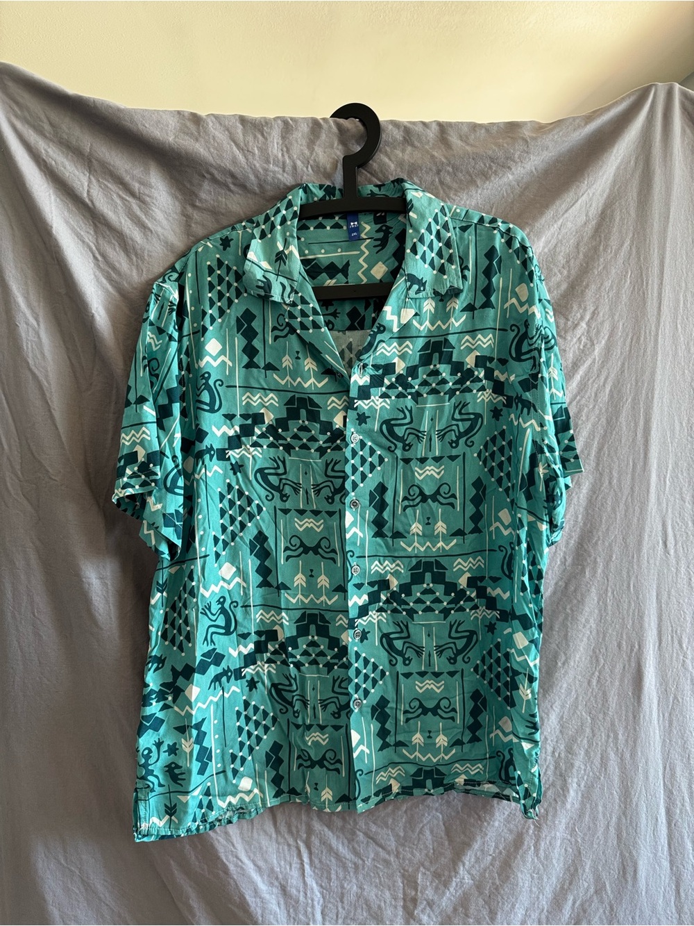 Men's Teal Geo-Print Short Sleeve Shirt 100% Viscosa size 2XL